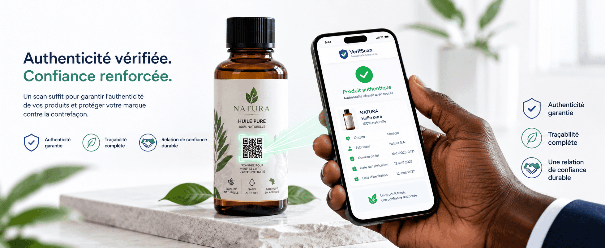 VerifScan — une main tient un smartphone affichant l'application qui confirme l'authenticité d'une huile pure Natura après le scan de son QR code.